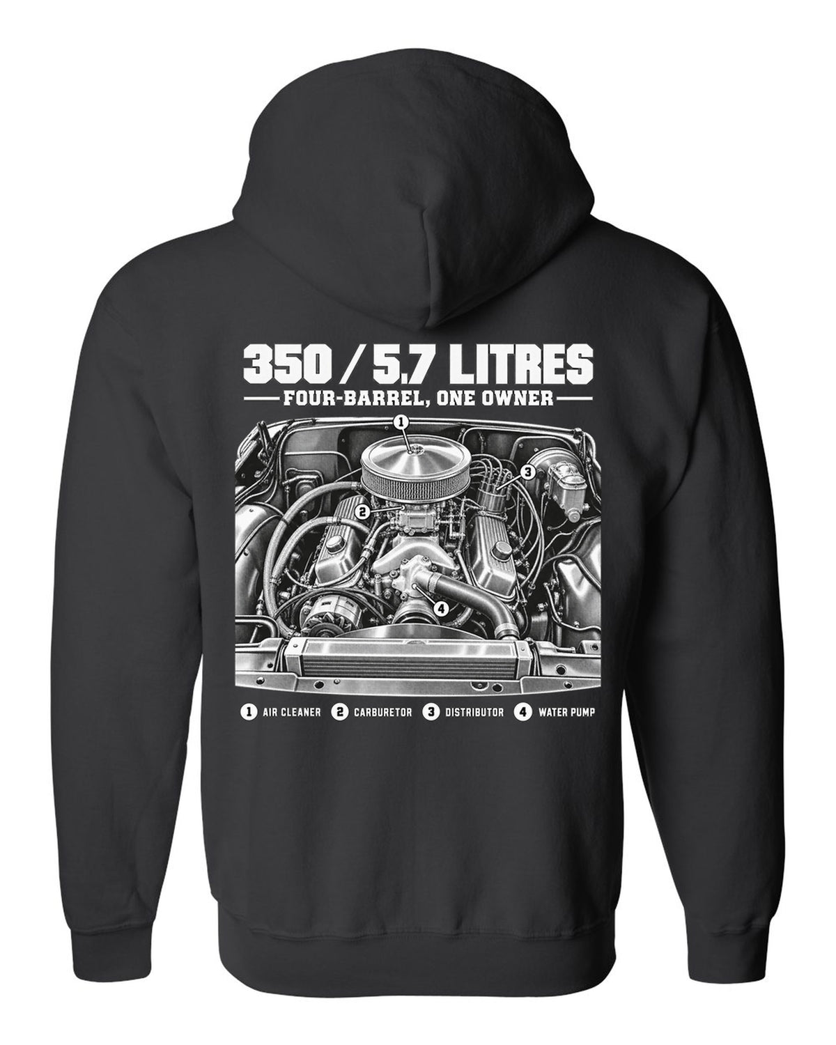 Squarebody C10 350 small block engine diagram with callouts, print black zip hoodie back view with the design
