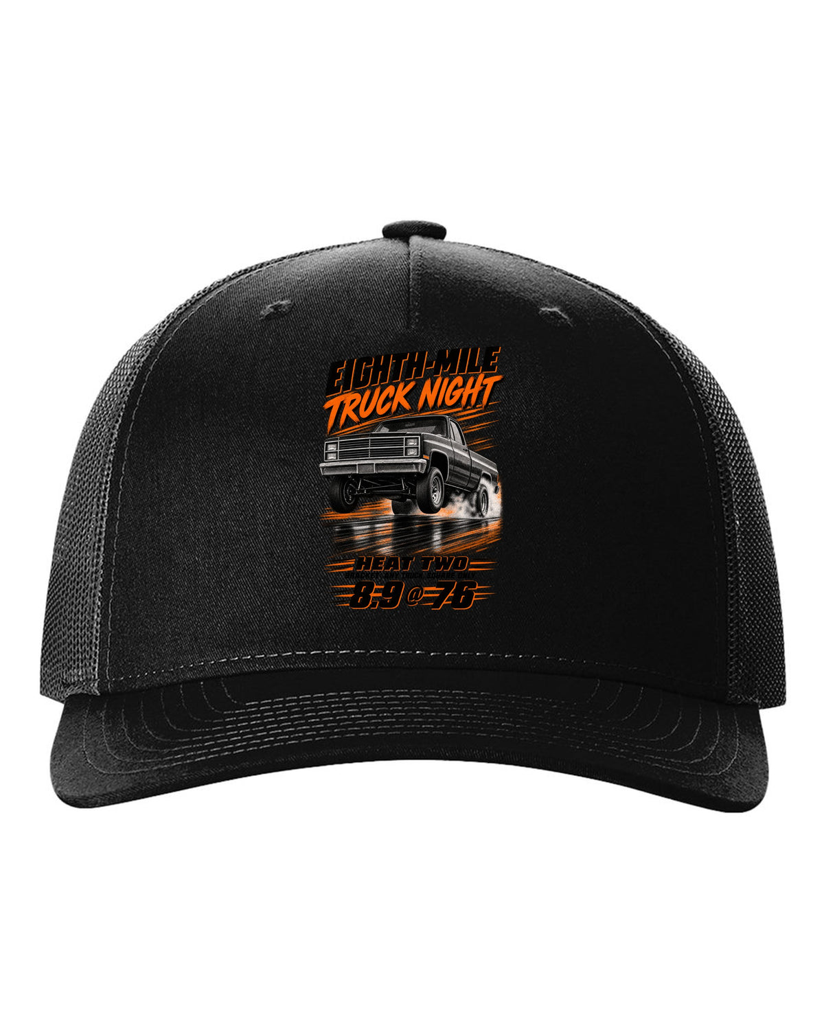 Squarebody C10 eighth-mile race poster print black hat front view with the design