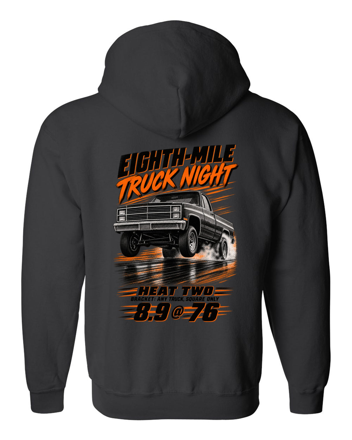 Squarebody C10 eighth-mile race poster print black zip hoodie back view with the design