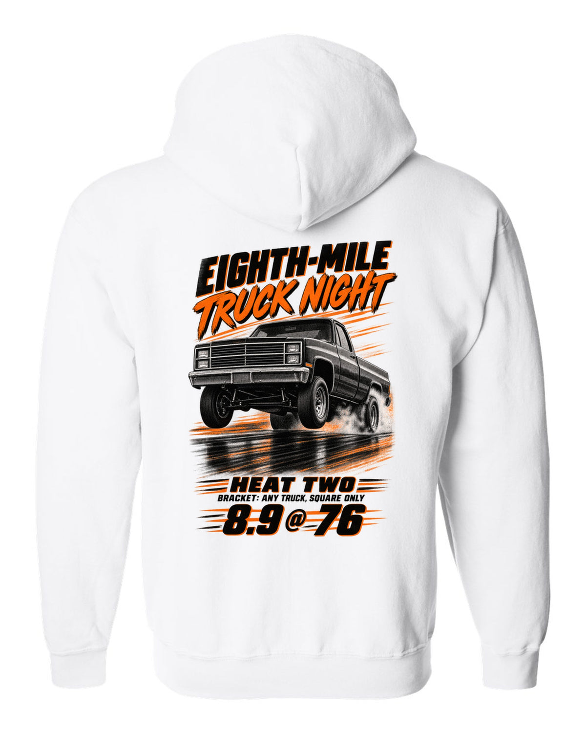 Squarebody C10 eighth-mile race poster print white zip hoodie back view with the design