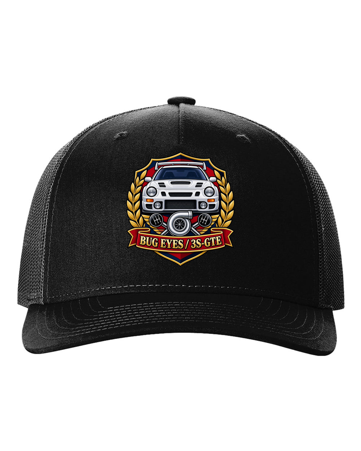 Rally crest of a Toyota Celica GT-Four ST205 with Bug Eyes and 3S-GTE lettering black hat front view with the design