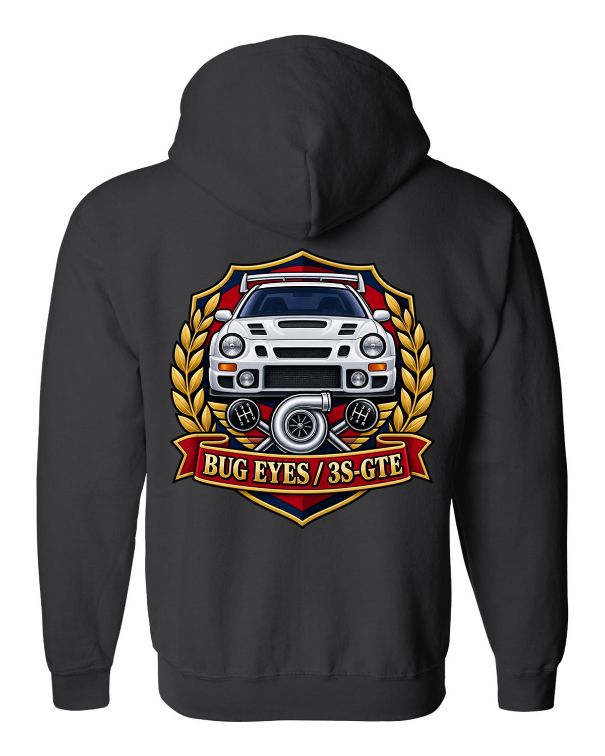 Rally crest of a Toyota Celica GT-Four ST205 with Bug Eyes and 3S-GTE lettering black zip hoodie back view with the design