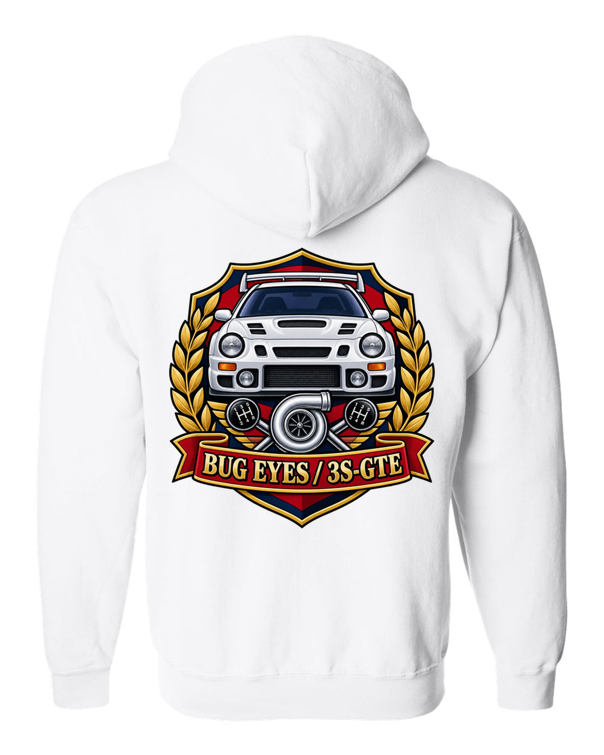 Rally crest of a Toyota Celica GT-Four ST205 with Bug Eyes and 3S-GTE lettering white zip hoodie back view with the design