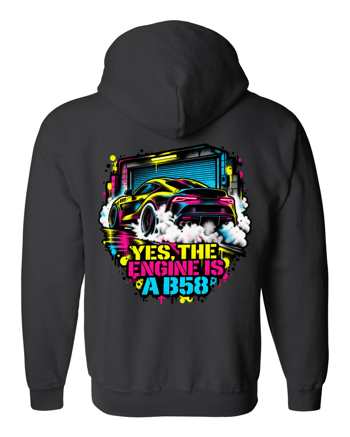 Stencil spray street art of a Toyota GR Supra A90 burnout on a garage door black zip hoodie back view with the design