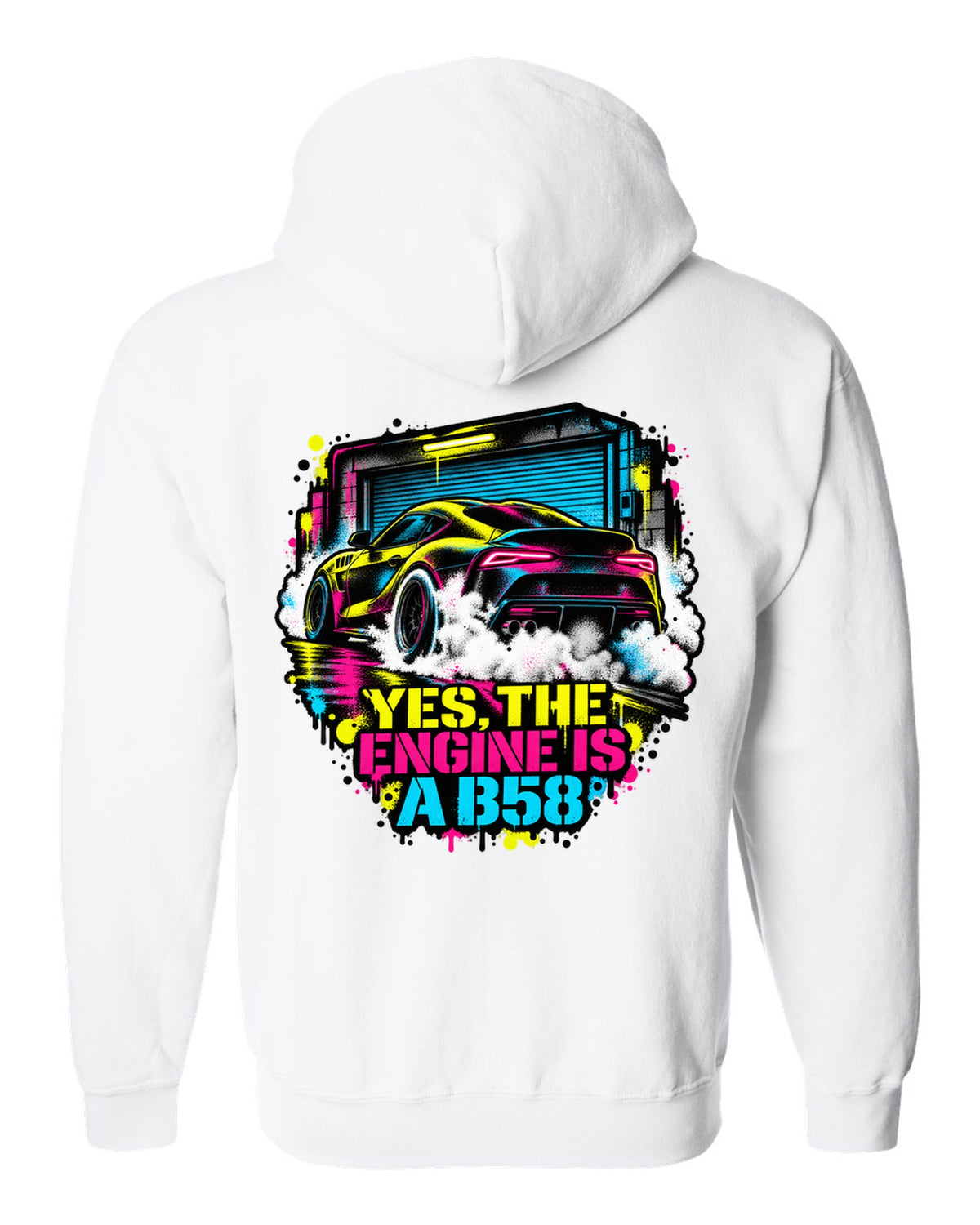 Stencil spray street art of a Toyota GR Supra A90 burnout on a garage door white zip hoodie back view with the design