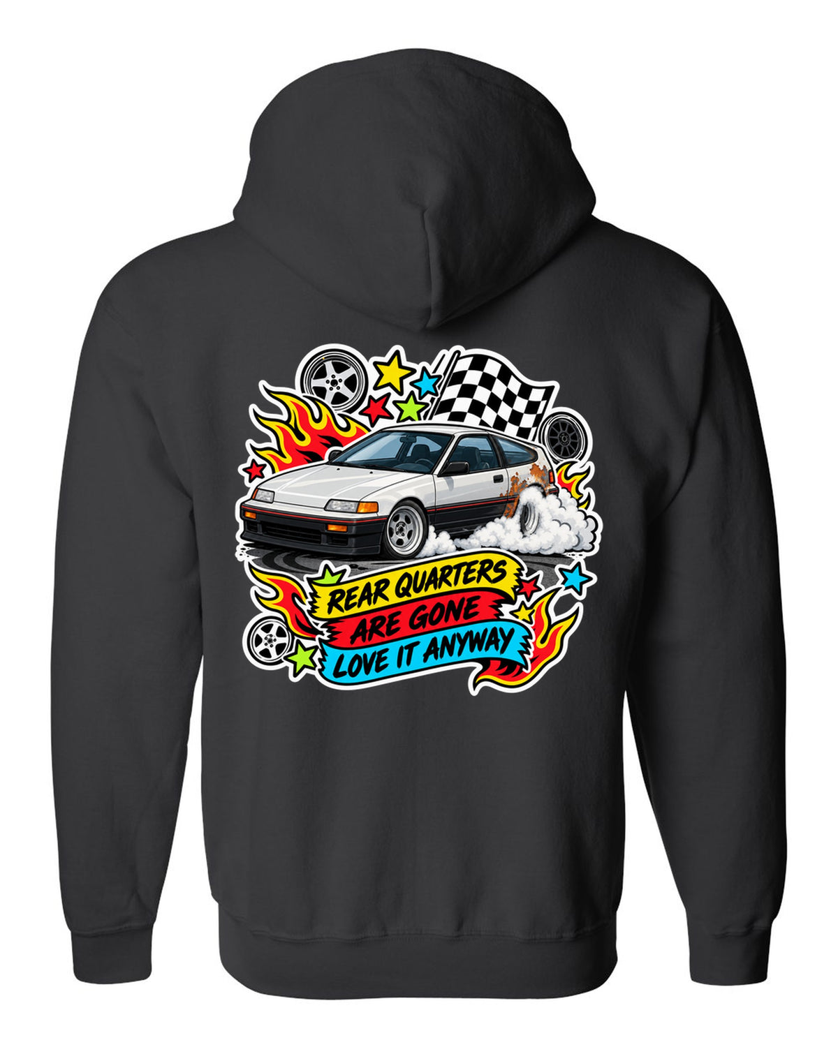 Sticker-bomb collage Honda CRX EF8 print with rusted rear quarters joke black zip hoodie back view with the design