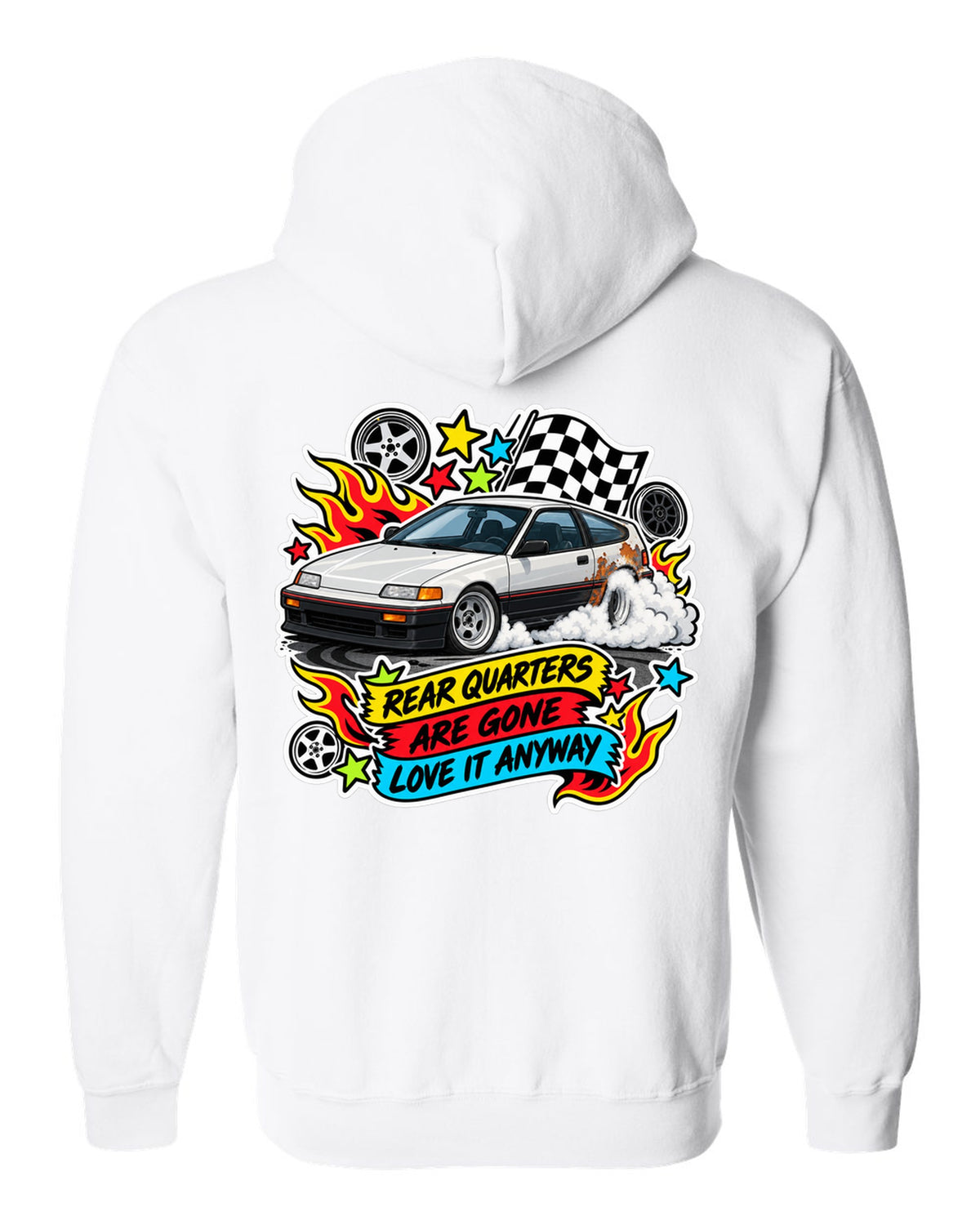 Sticker-bomb collage Honda CRX EF8 print with rusted rear quarters joke white zip hoodie back view with the design