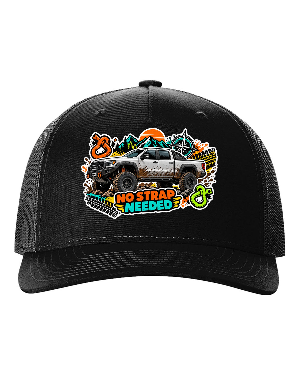 Sticker bomb collage print of a Ram Power Wagon 2500 4x4 with No Strap Needed text black hat front view with the design
