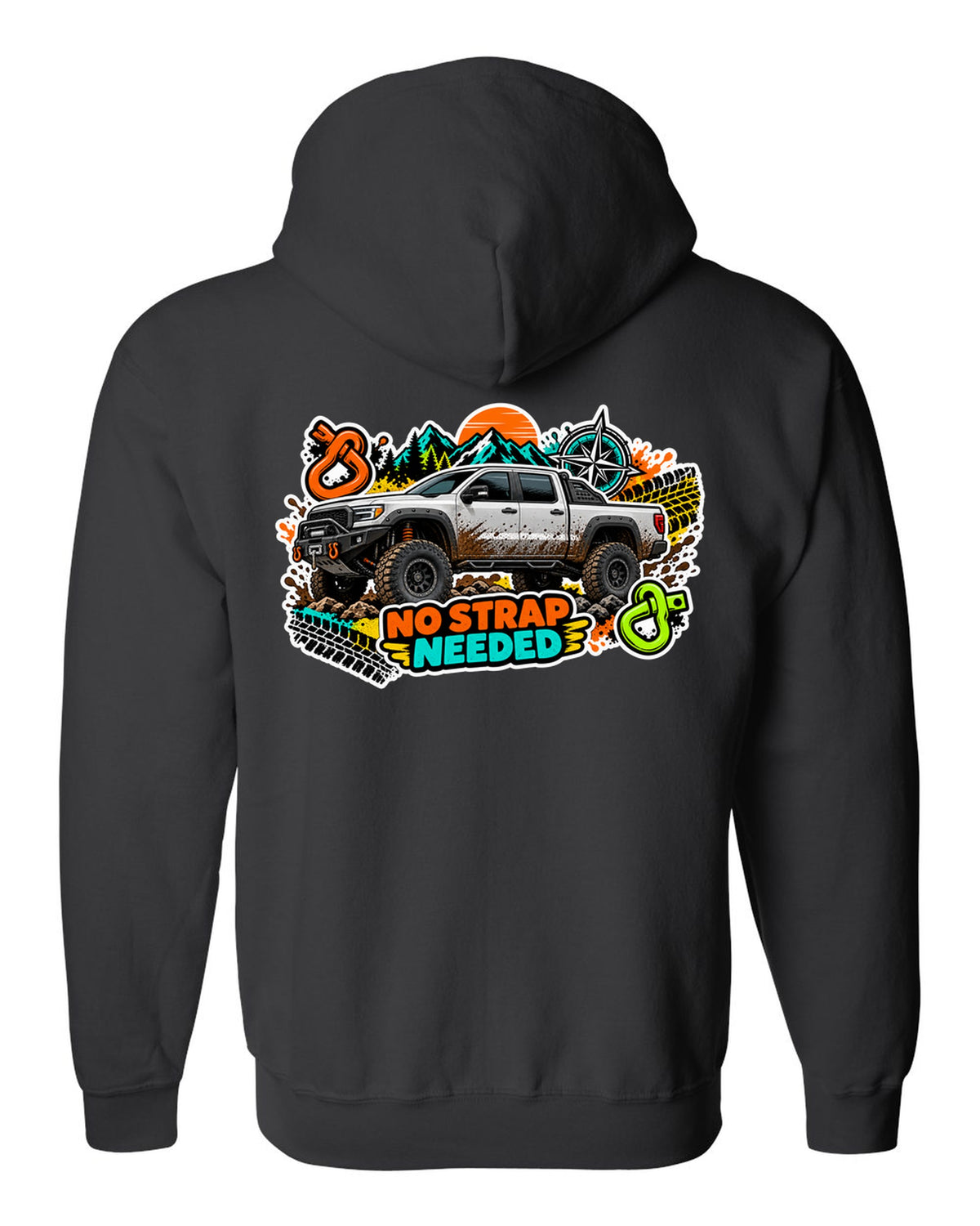 Sticker bomb collage print of a Ram Power Wagon 2500 4x4 with No Strap Needed text black zip hoodie back view with the design