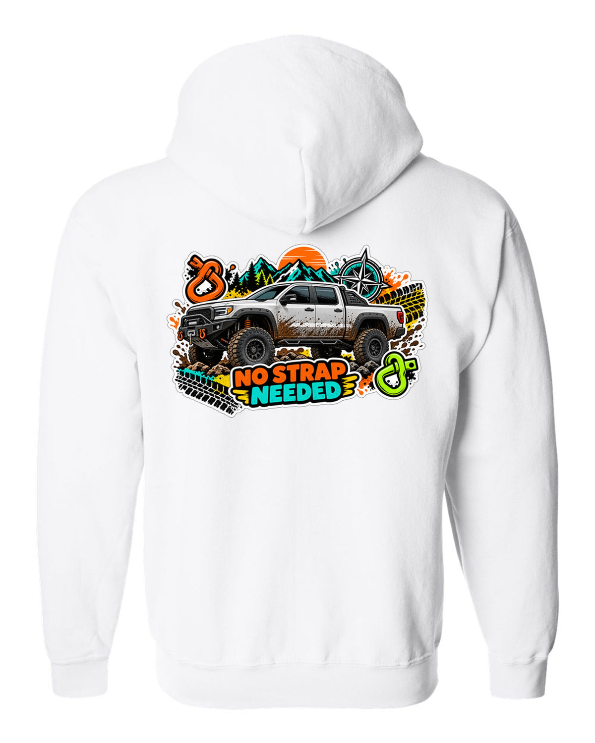 Sticker bomb collage print of a Ram Power Wagon 2500 4x4 with No Strap Needed text white zip hoodie back view with the design