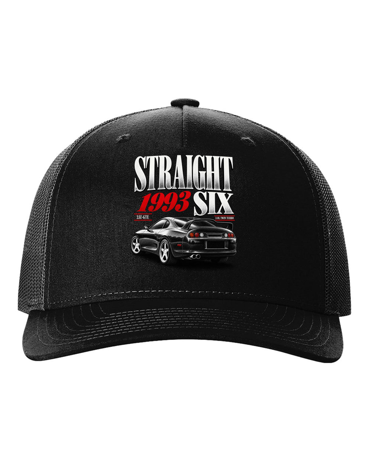 print of a Toyota Supra A80 JZA80 with straight six editorial headline and 2JZ-GTE twin turbo text black hat front view with the design