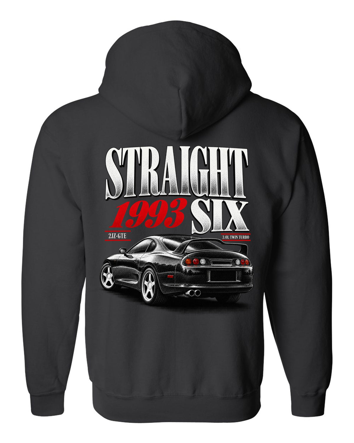 print of a Toyota Supra A80 JZA80 with straight six editorial headline and 2JZ-GTE twin turbo text black zip hoodie back view with the design