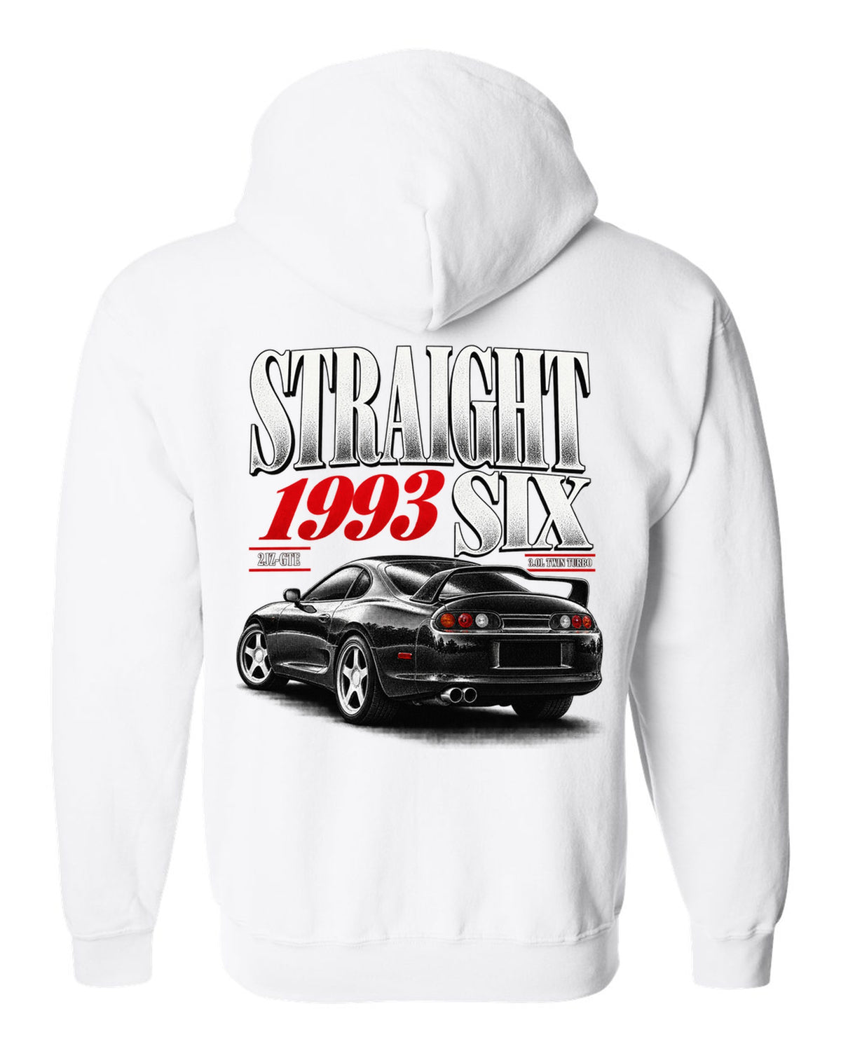 print of a Toyota Supra A80 JZA80 with straight six editorial headline and 2JZ-GTE twin turbo text white zip hoodie back view with the design