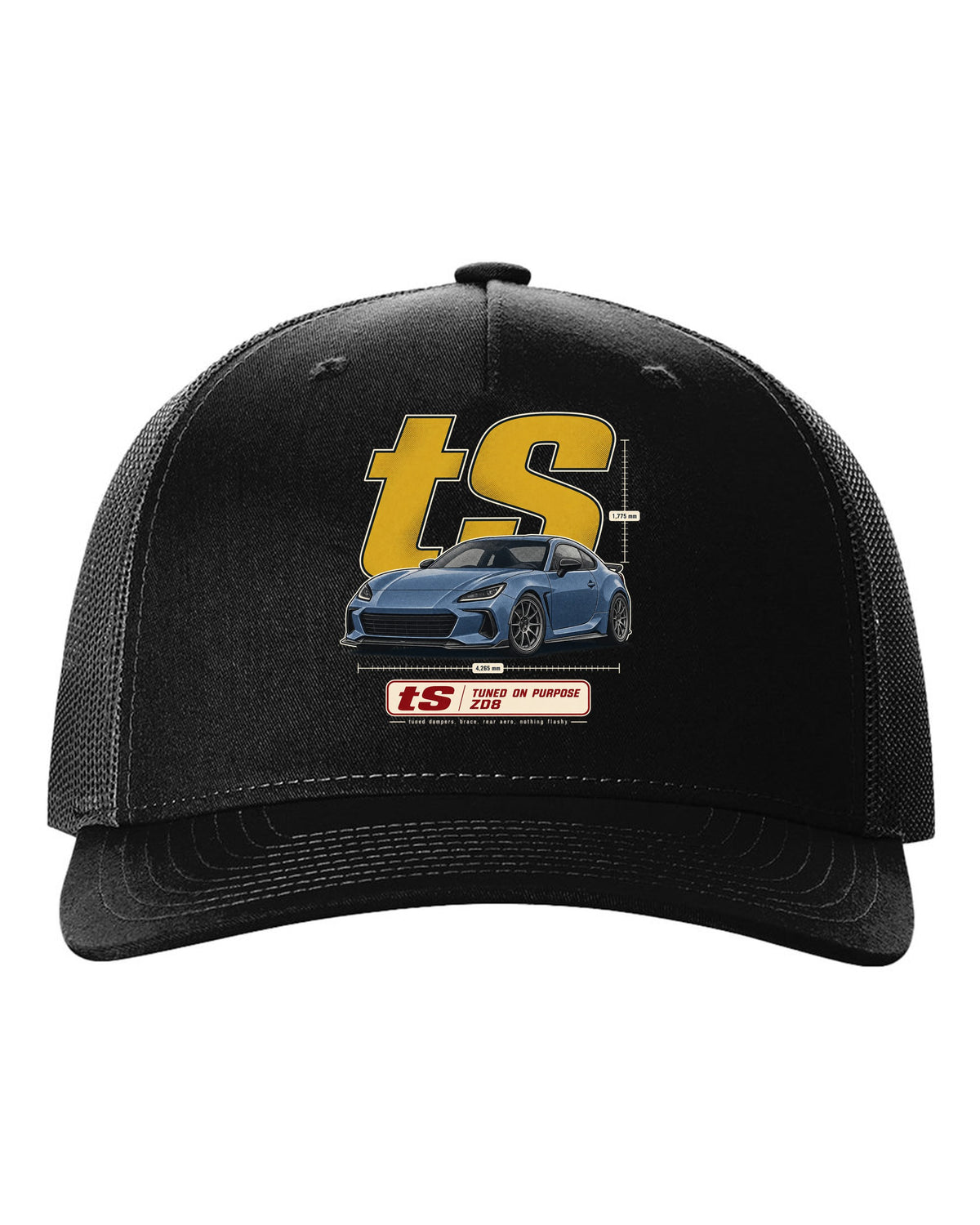 Halftone poster-style print of a Subaru BRZ tS ZD8 with tuning statement lettering black hat front view with the design