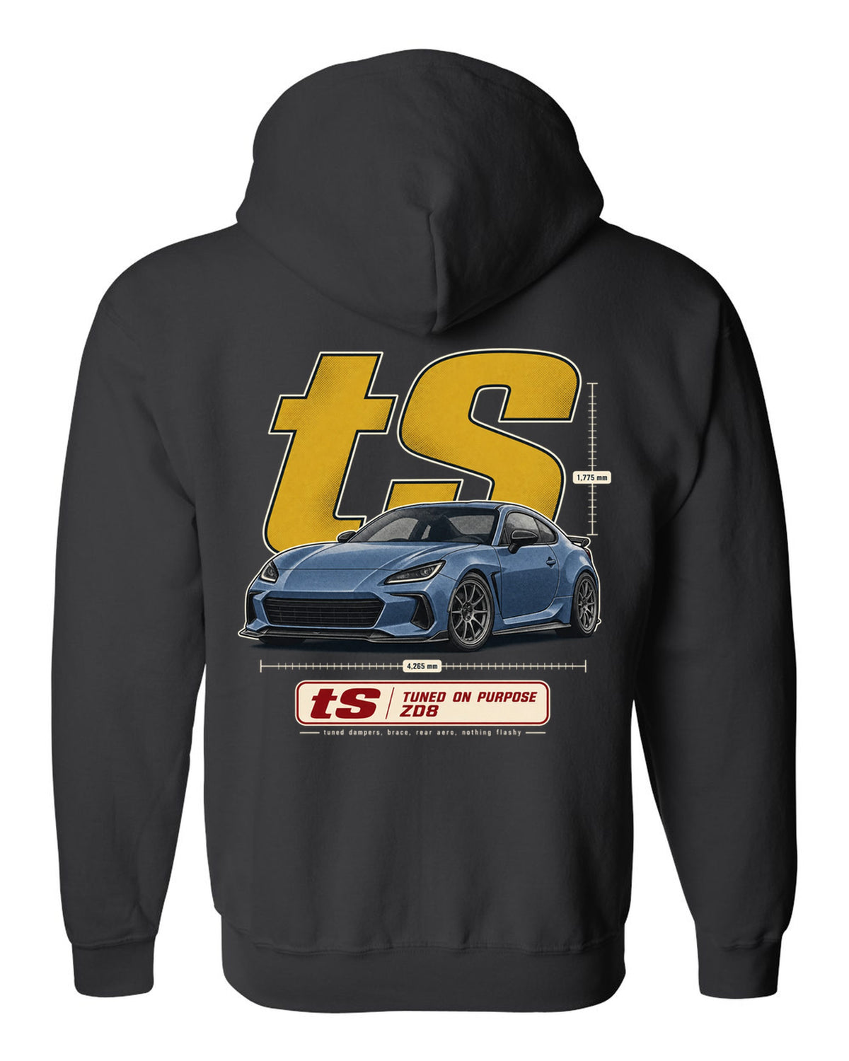 Halftone poster-style print of a Subaru BRZ tS ZD8 with tuning statement lettering black zip hoodie back view with the design
