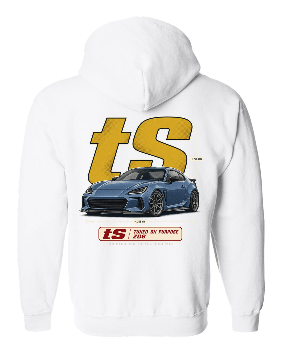 Halftone poster-style print of a Subaru BRZ tS ZD8 with tuning statement lettering white zip hoodie back view with the design