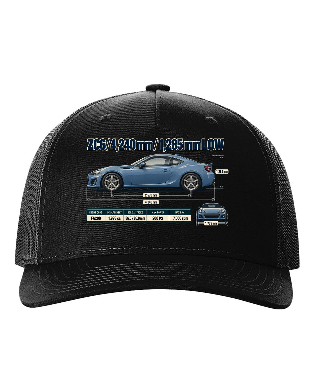 Blueprint-style dimension drawing of a Subaru BRZ ZC6 with length and height callouts black hat front view with the design