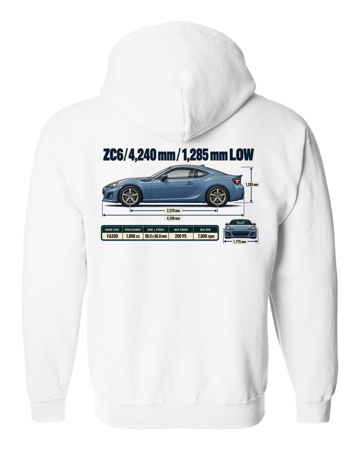 Blueprint-style dimension drawing of a Subaru BRZ ZC6 with length and height callouts white zip hoodie back view with the design