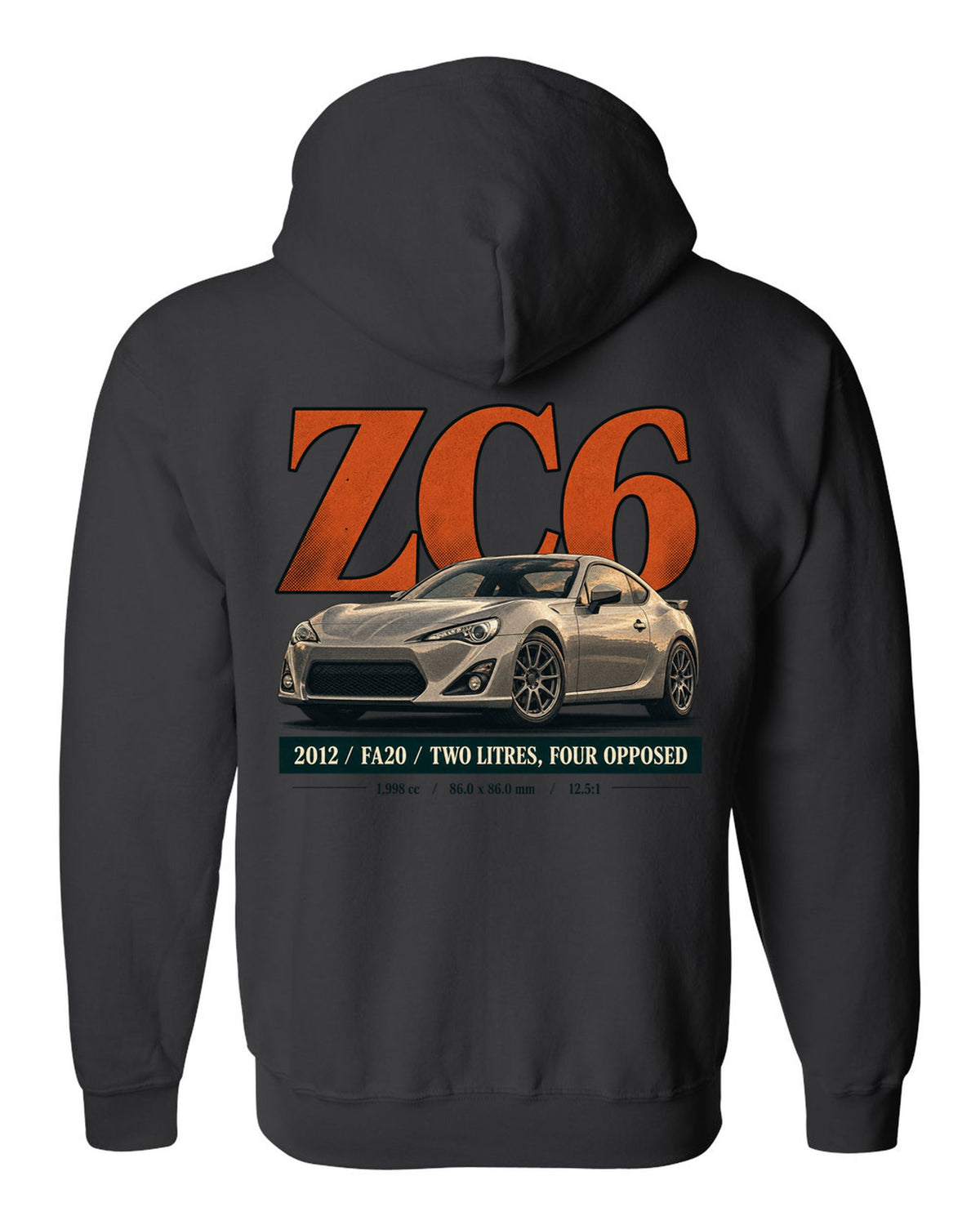 Magazine-style headline layout of a first-generation Subaru BRZ ZC6 print black zip hoodie back view with the design