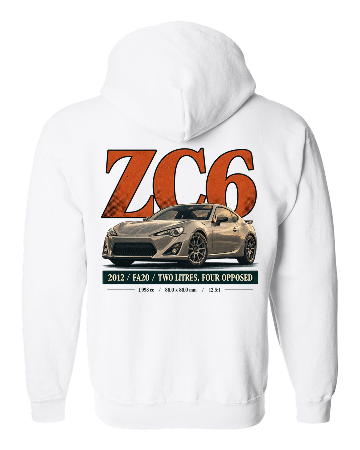 Magazine-style headline layout of a first-generation Subaru BRZ ZC6 print white zip hoodie back view with the design