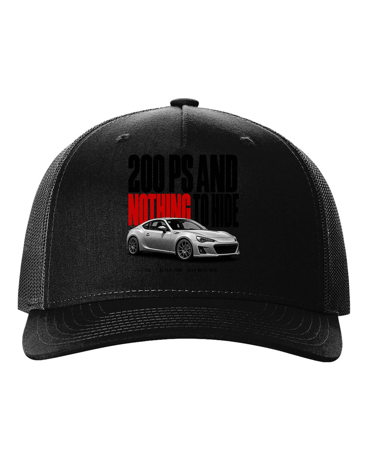 Halftone print for the Subaru BRZ ZC6 tS reading 200 PS and nothing to hide, 2.0L flat-four, rear-wheel drive black hat front view with the design