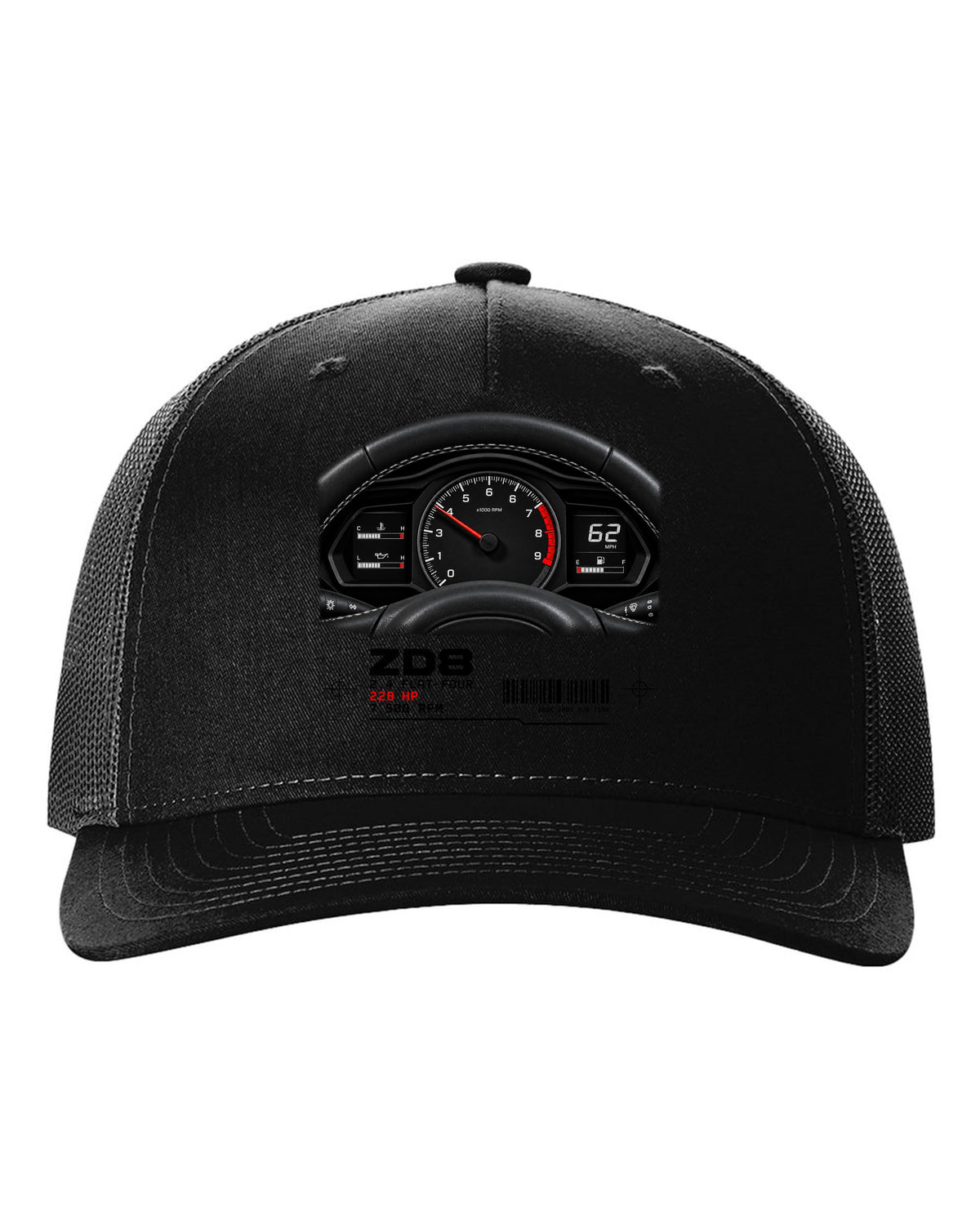 Cockpit gauge cluster print for the Subaru BRZ ZD8 with 2.4 flat-four, 228 HP and 7,500 RPM text black hat front view with the design