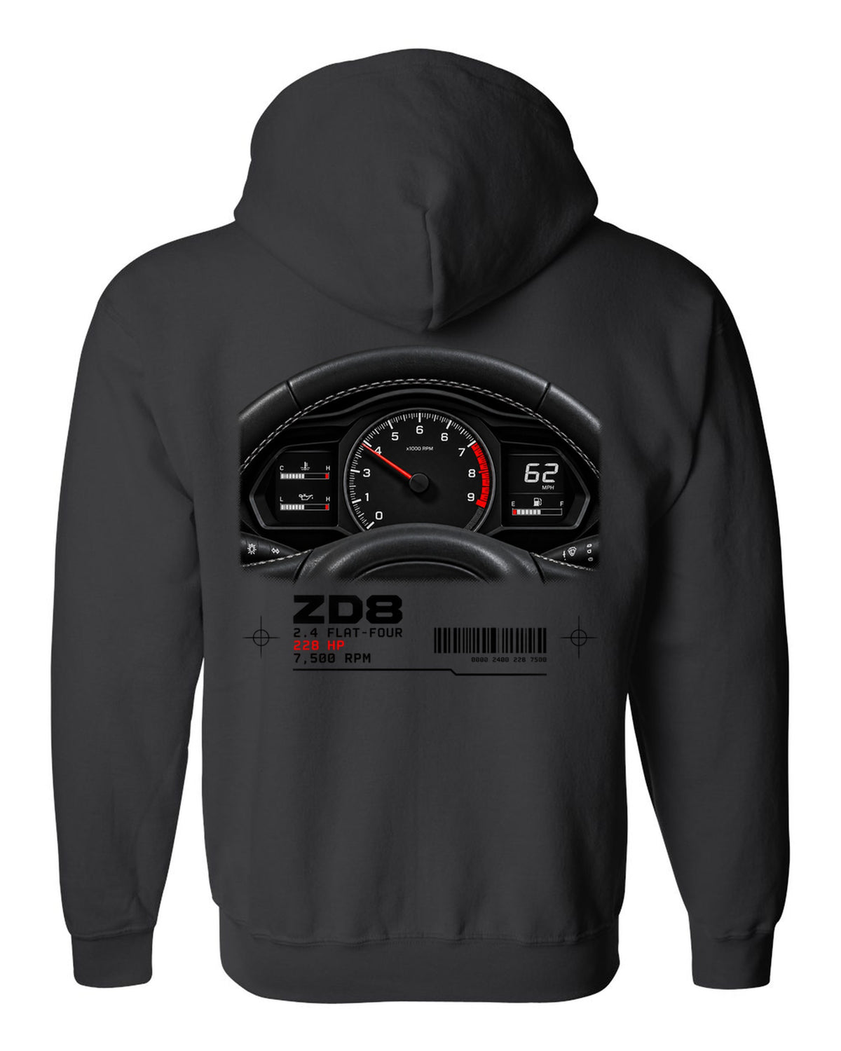 Cockpit gauge cluster print for the Subaru BRZ ZD8 with 2.4 flat-four, 228 HP and 7,500 RPM text black zip hoodie back view with the design