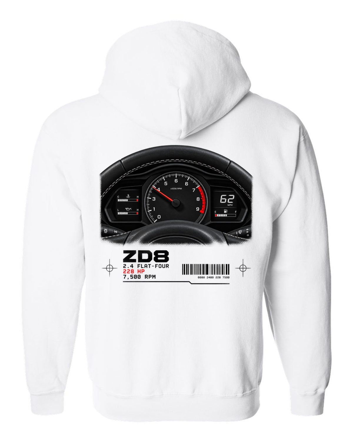 Cockpit gauge cluster print for the Subaru BRZ ZD8 with 2.4 flat-four, 228 HP and 7,500 RPM text white zip hoodie back view with the design