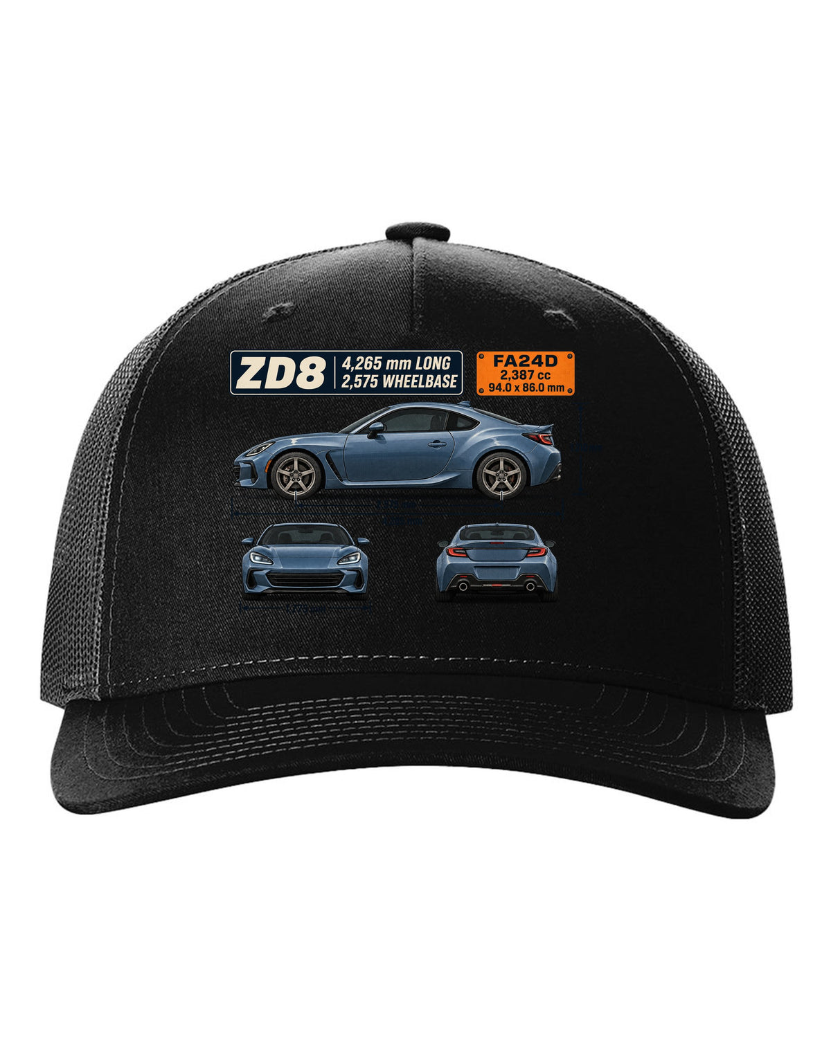 Blueprint-style dimension drawing of a Subaru BRZ ZD8 with length and wheelbase callouts black hat front view with the design
