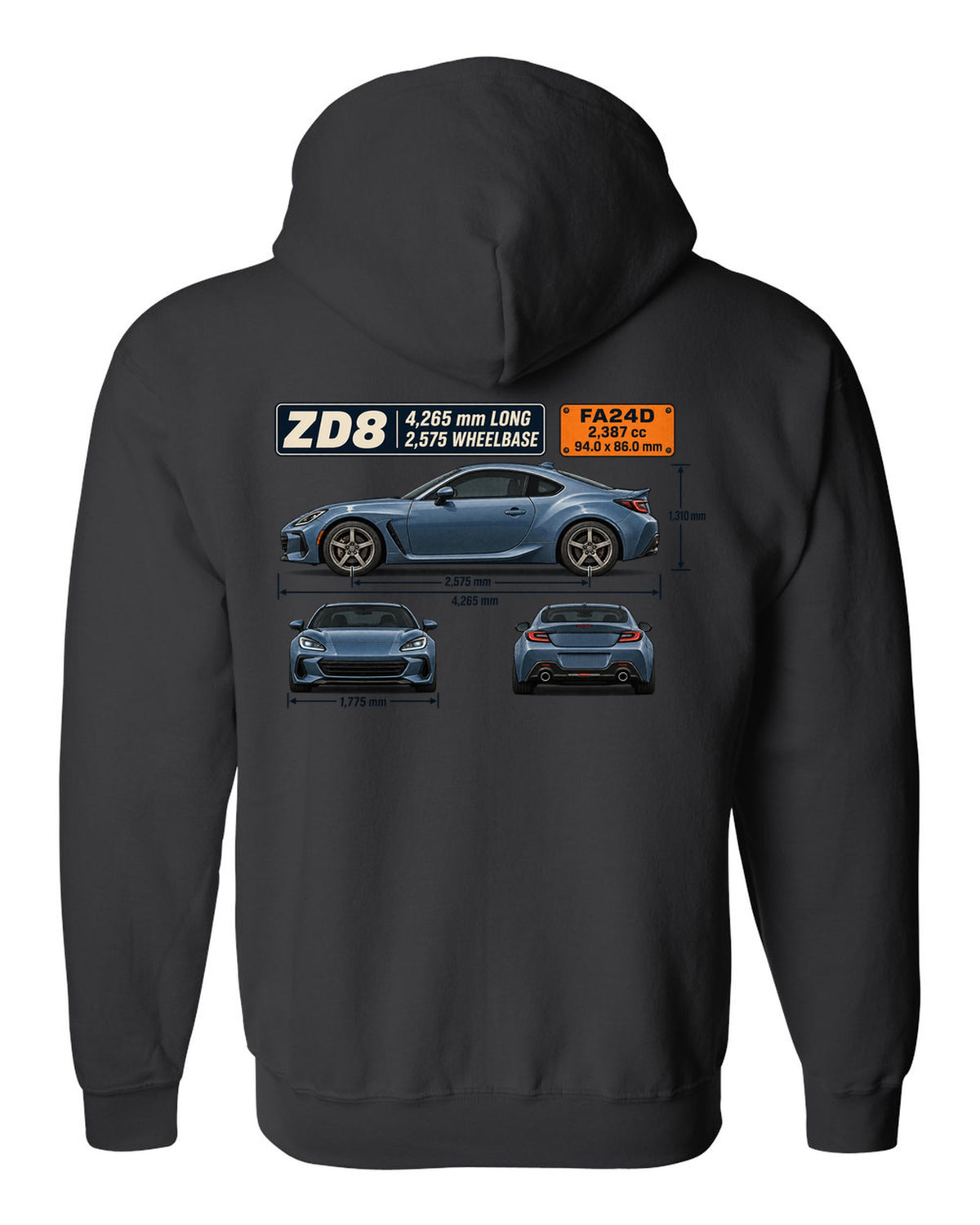 Blueprint-style dimension drawing of a Subaru BRZ ZD8 with length and wheelbase callouts black zip hoodie back view with the design