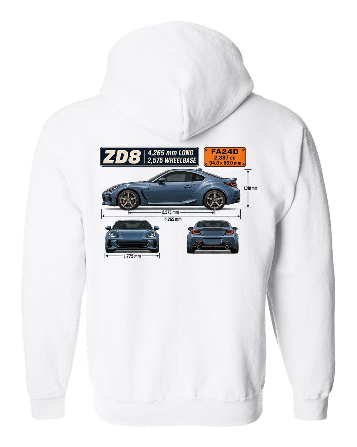 Blueprint-style dimension drawing of a Subaru BRZ ZD8 with length and wheelbase callouts white zip hoodie back view with the design