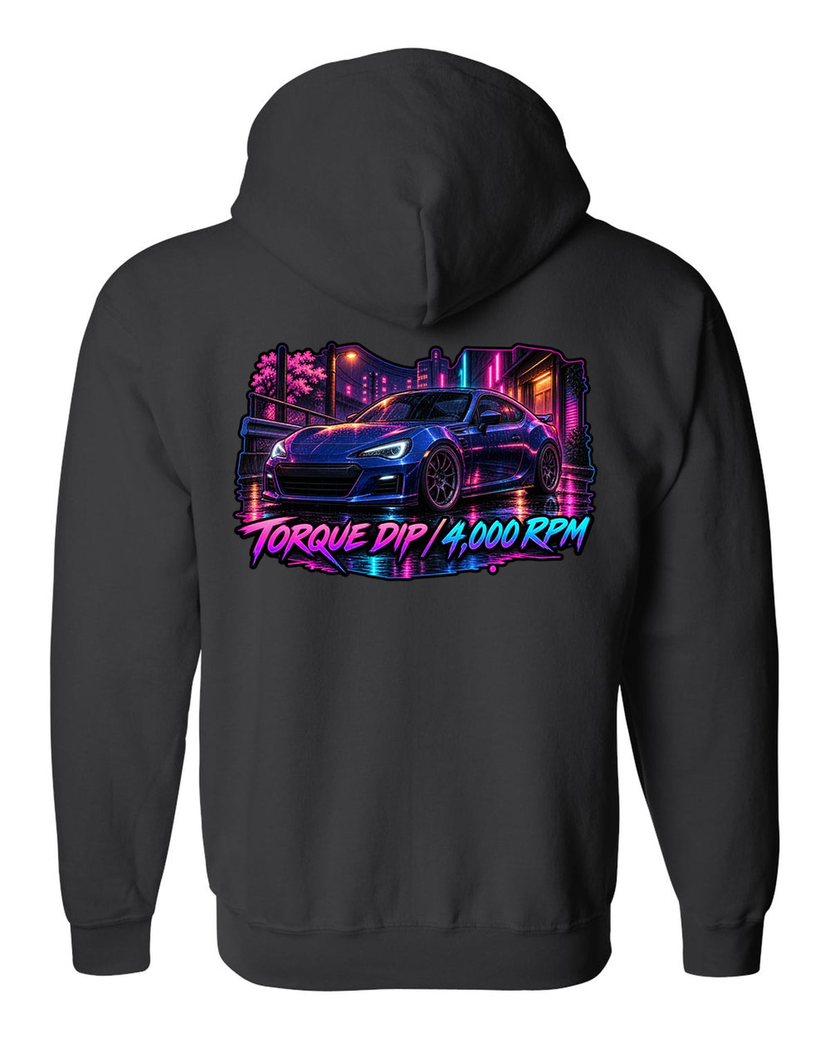 Spray-paint graffiti style Subaru BRZ ZD8 drifting with FA24 2.4L dip fixed text black zip hoodie back view with the design