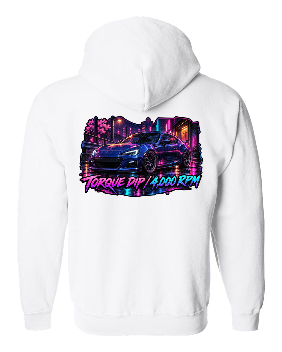 Spray-paint graffiti style Subaru BRZ ZD8 drifting with FA24 2.4L dip fixed text white zip hoodie back view with the design