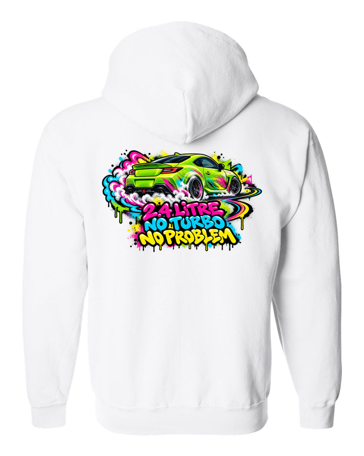 Subaru BRZ ZD8 sideways in front of a graffiti wall, 2.4 LITRE / NO TURBO / NO PROBLEM white zip hoodie back view with the design