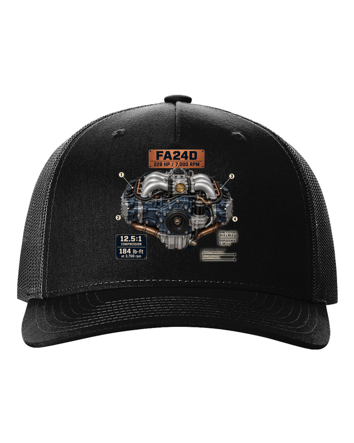 Poster-style engine print of the FA24D flat-four from the Subaru BRZ ZD8 and Toyota GR86 ZN8 black hat front view with the design