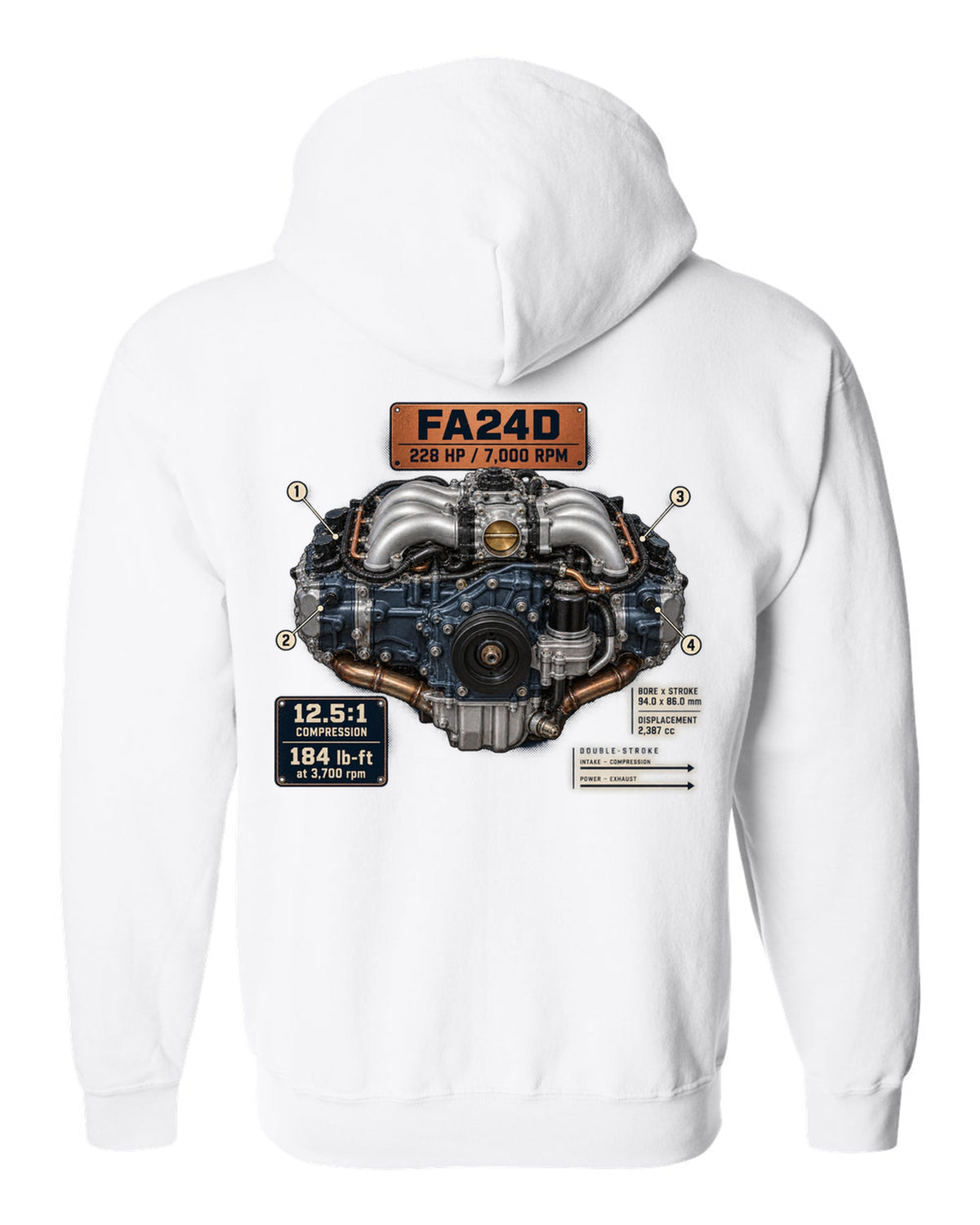 Poster-style engine print of the FA24D flat-four from the Subaru BRZ ZD8 and Toyota GR86 ZN8 white zip hoodie back view with the design