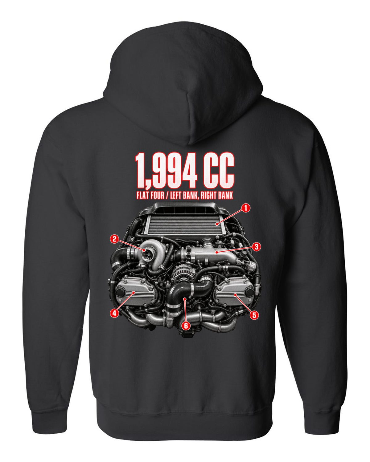 Subaru EJ20K flat-four boxer engine anatomy illustration from a GC8 WRX black zip hoodie back view with the design