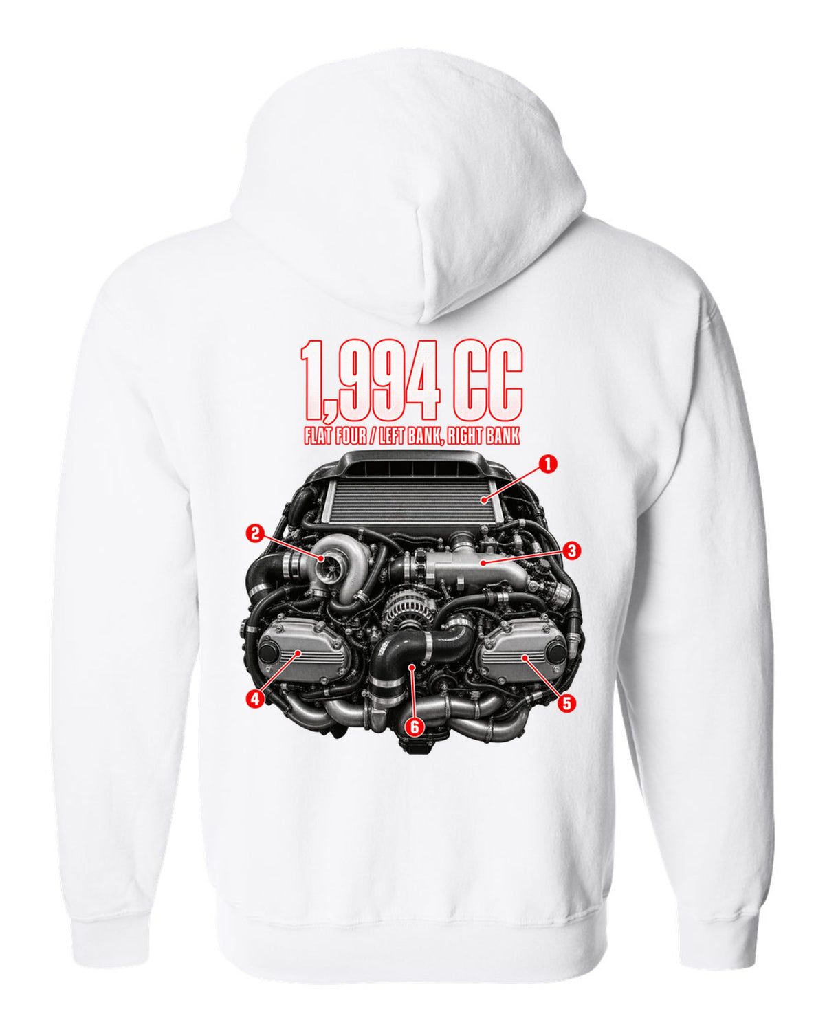 Subaru EJ20K flat-four boxer engine anatomy illustration from a GC8 WRX white zip hoodie back view with the design