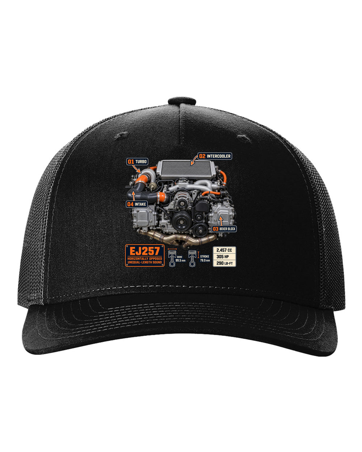 Poster-style print of a Subaru EJ257 boxer engine from the WRX STI VA with technical callouts black hat front view with the design
