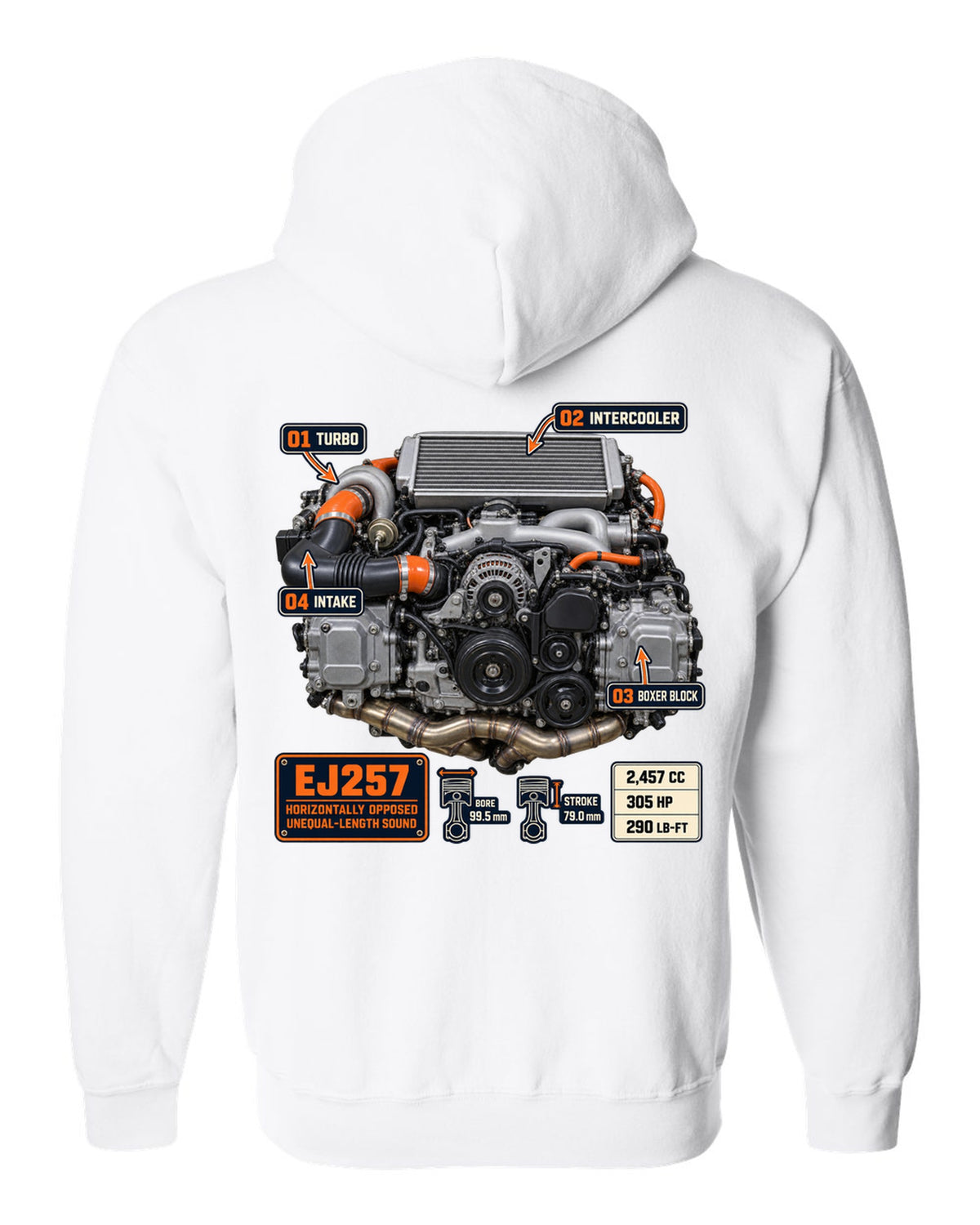 Poster-style print of a Subaru EJ257 boxer engine from the WRX STI VA with technical callouts white zip hoodie back view with the design