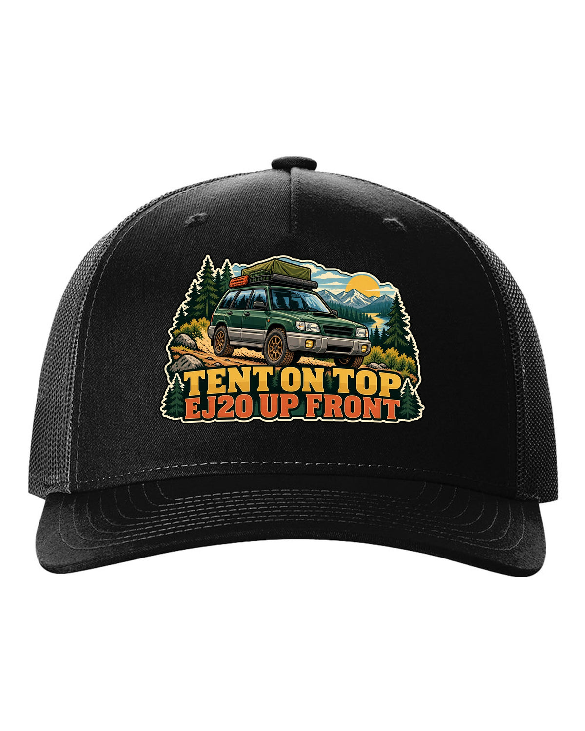 Vintage national park poster illustration of a Subaru Forester SF5 with a roof tent black hat front view with the design