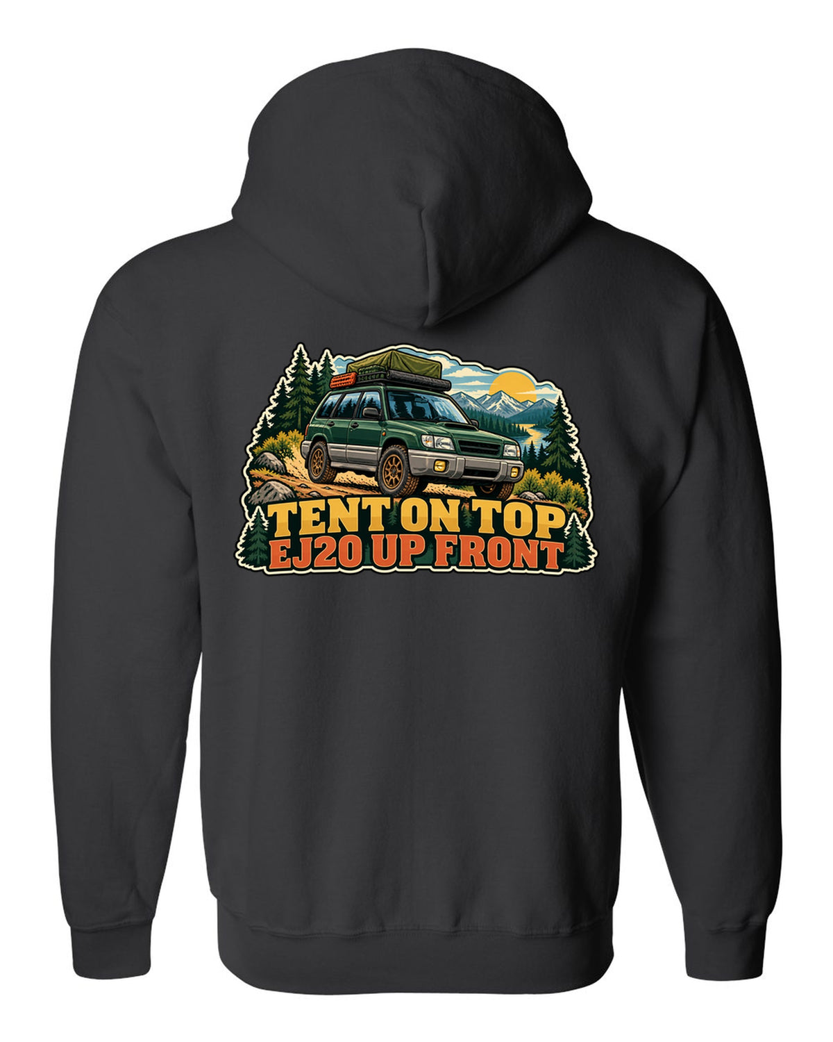 Vintage national park poster illustration of a Subaru Forester SF5 with a roof tent black zip hoodie back view with the design