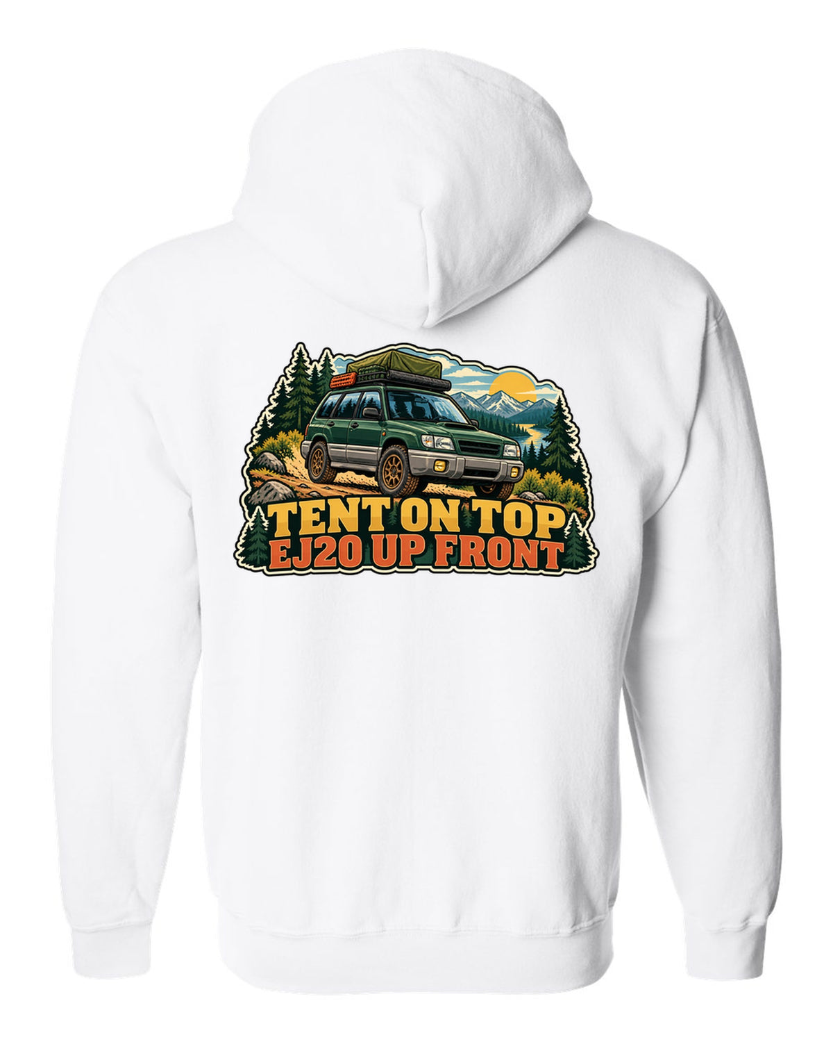 Vintage national park poster illustration of a Subaru Forester SF5 with a roof tent white zip hoodie back view with the design