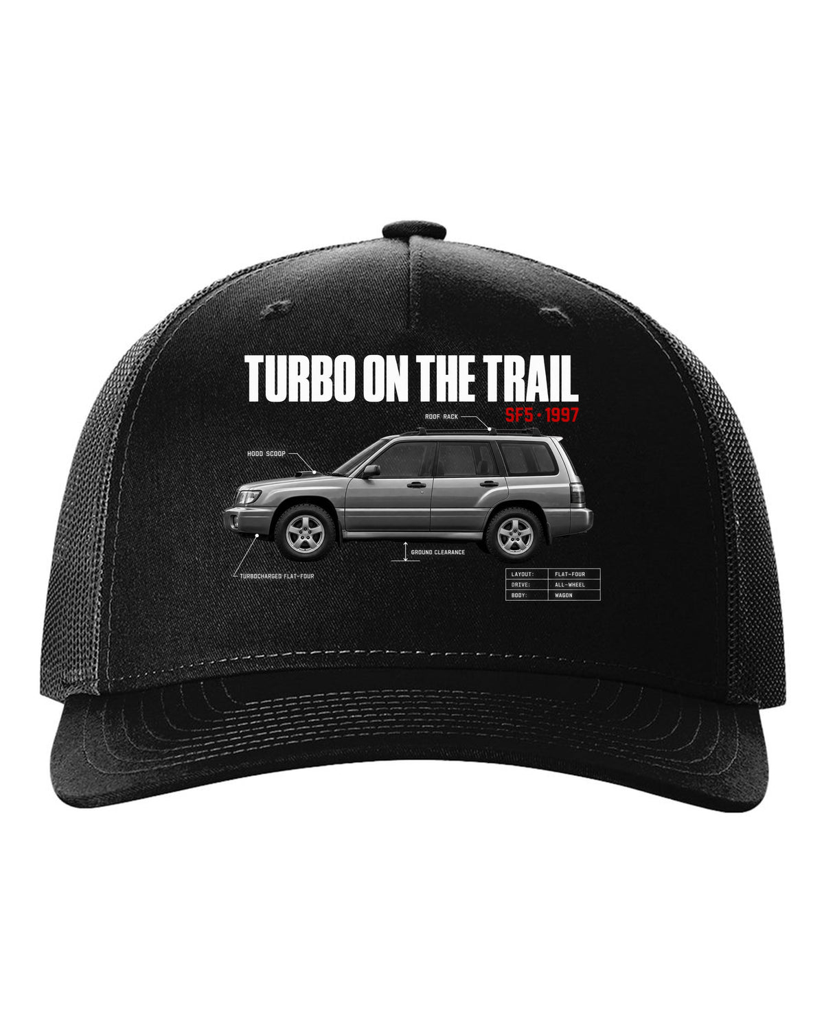 Spec poster print for the Subaru Forester SF5 reading Turbo on the Trail with hood scoop and roof rack details black hat front view with the design