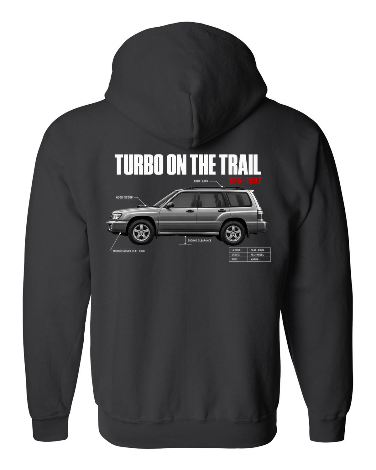 Spec poster print for the Subaru Forester SF5 reading Turbo on the Trail with hood scoop and roof rack details black zip hoodie back view with the design