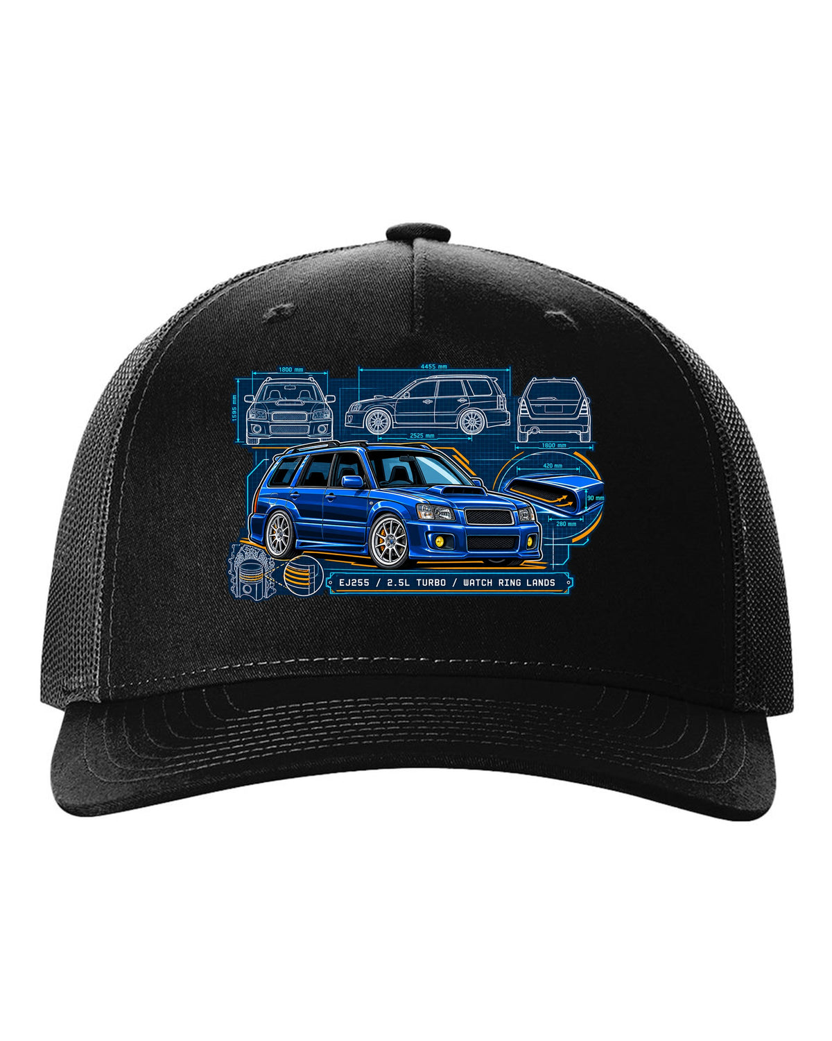 Technical blueprint of a Subaru Forester SG9 with hood scoop and EJ255 2.5L turbo text black hat front view with the design
