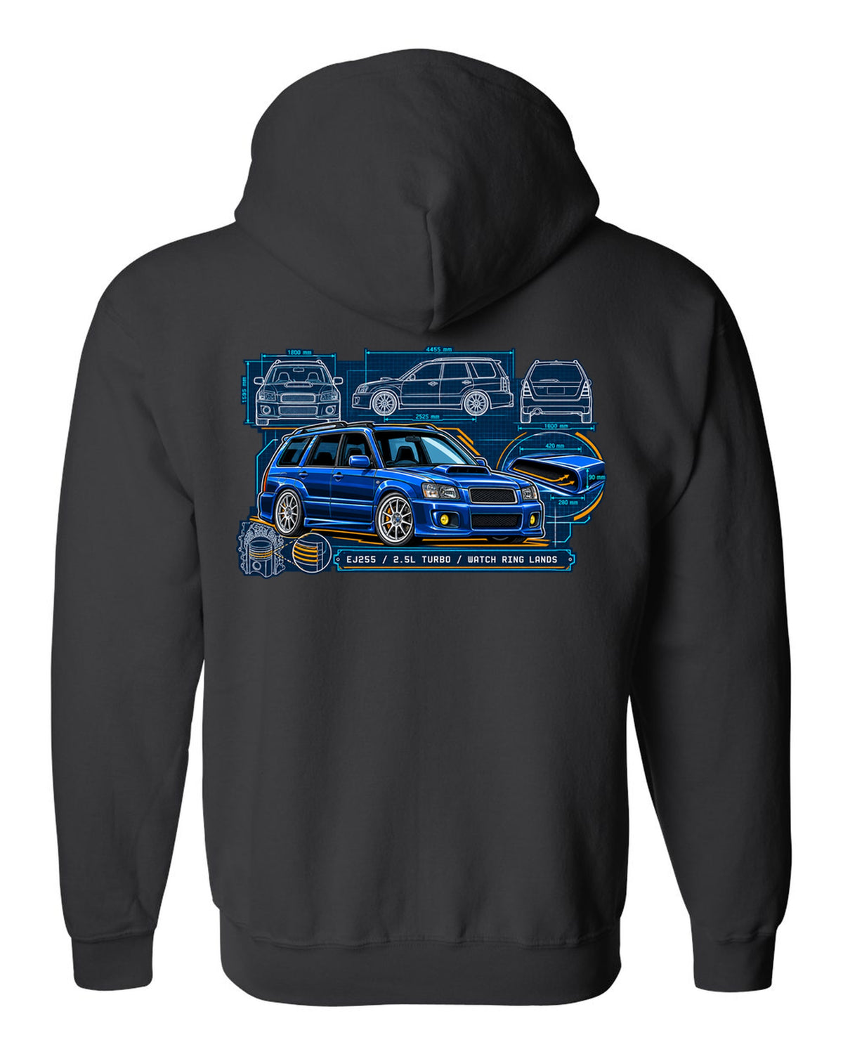 Technical blueprint of a Subaru Forester SG9 with hood scoop and EJ255 2.5L turbo text black zip hoodie back view with the design