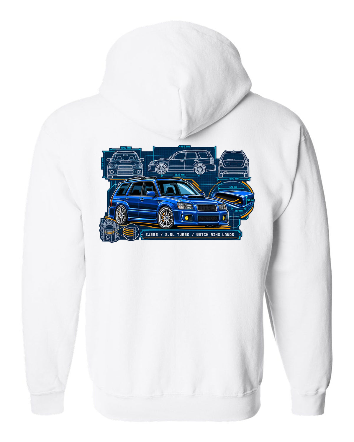 Technical blueprint of a Subaru Forester SG9 with hood scoop and EJ255 2.5L turbo text white zip hoodie back view with the design