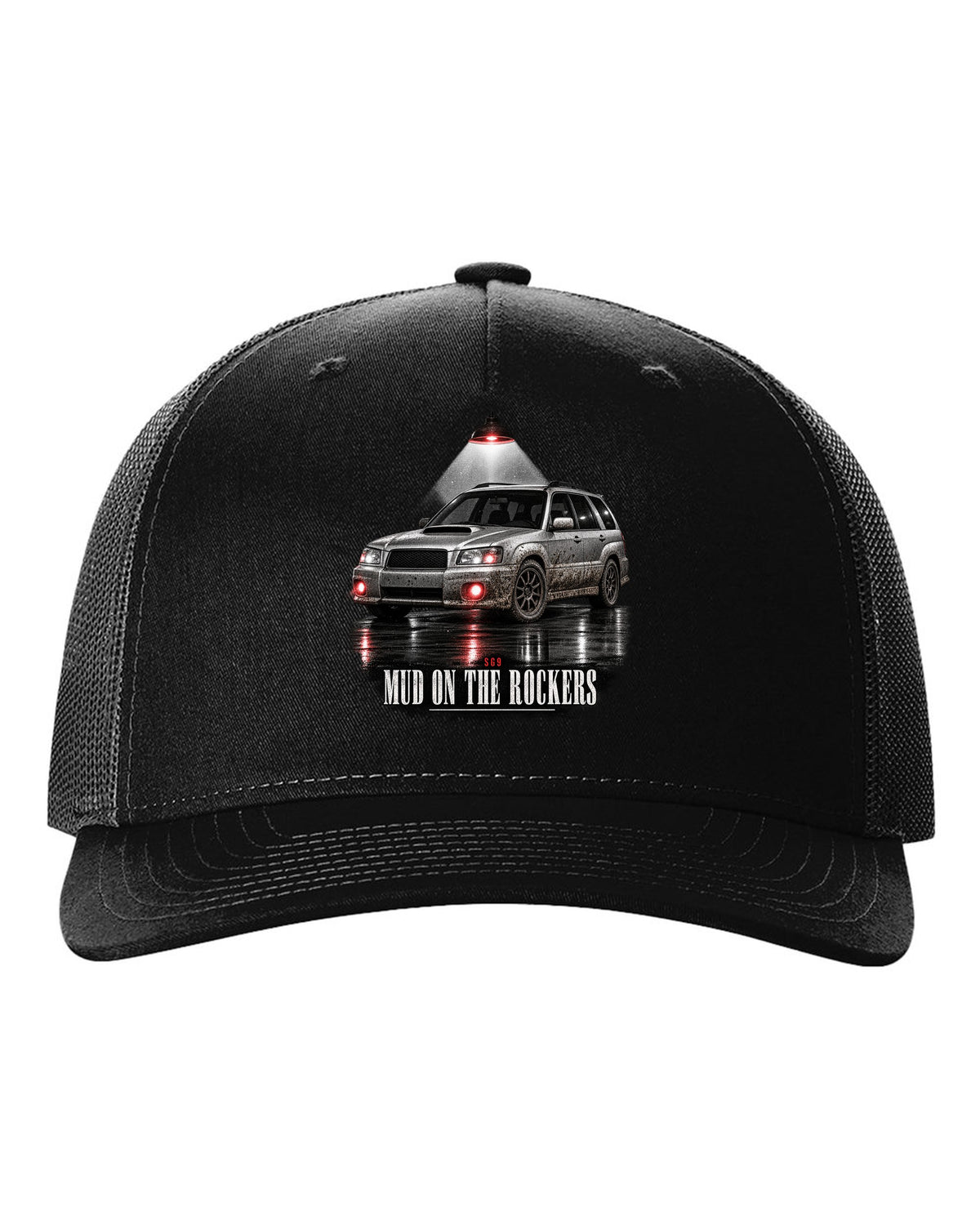 Garage night print for the Subaru Forester SG9 reading Mud on the Rockers black hat front view with the design