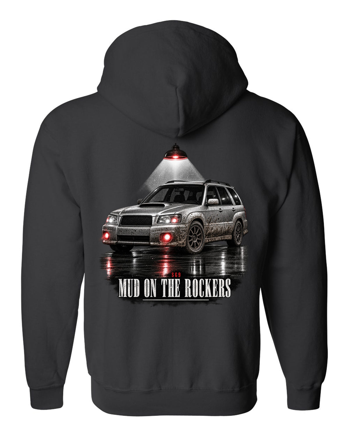 Garage night print for the Subaru Forester SG9 reading Mud on the Rockers black zip hoodie back view with the design
